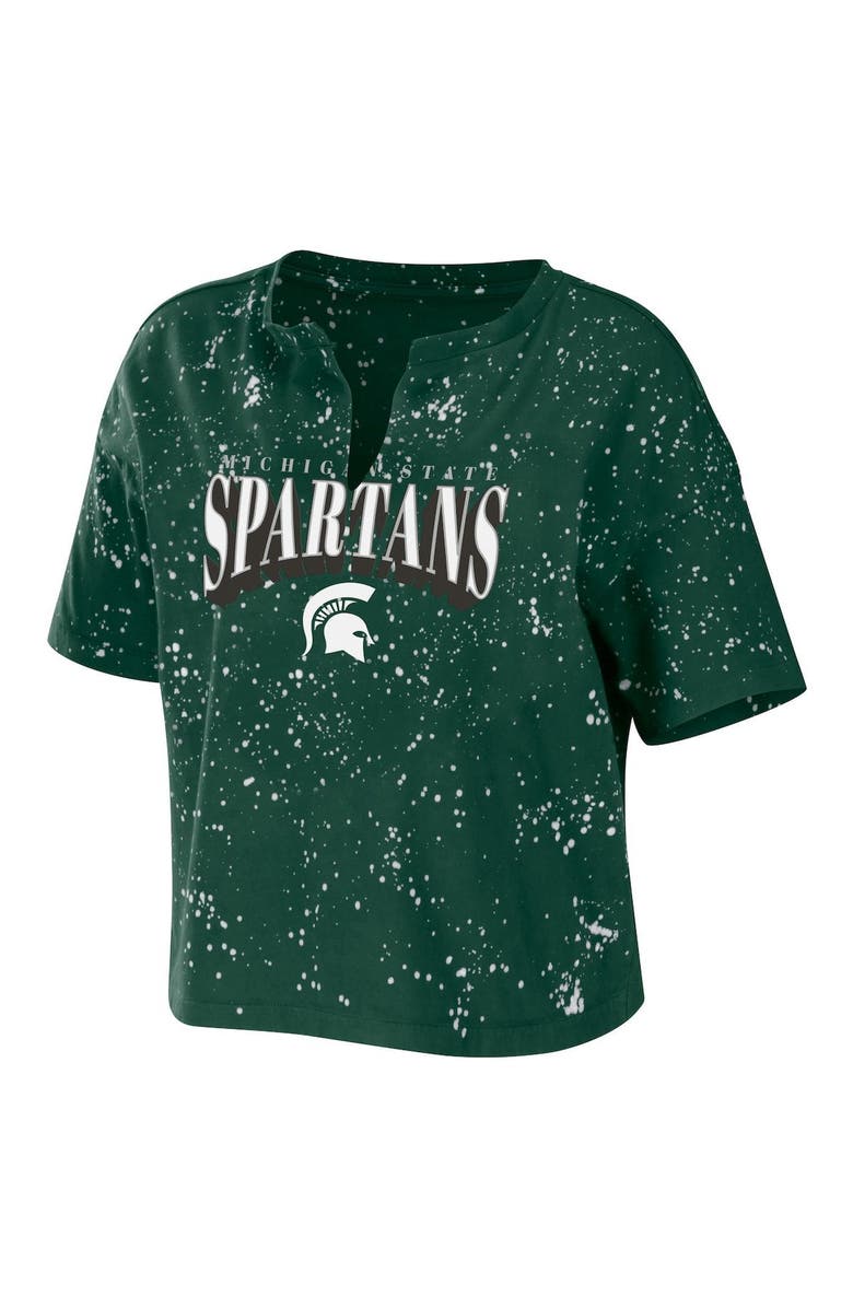 WEAR by Erin Andrews Women's WEAR by Erin Andrews Green Michigan State Spartans Bleach Wash Splatter Cropped Notch Neck T-Shirt, Alternate, color, Green
