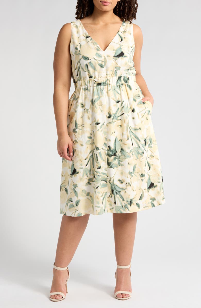 Anne Klein Floral Linen Blend Fit & Flare Dress, Main, color,