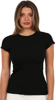24seven Comfort Apparel Womens Basic Ribbed Knit Round Neck Short Sleeve Top