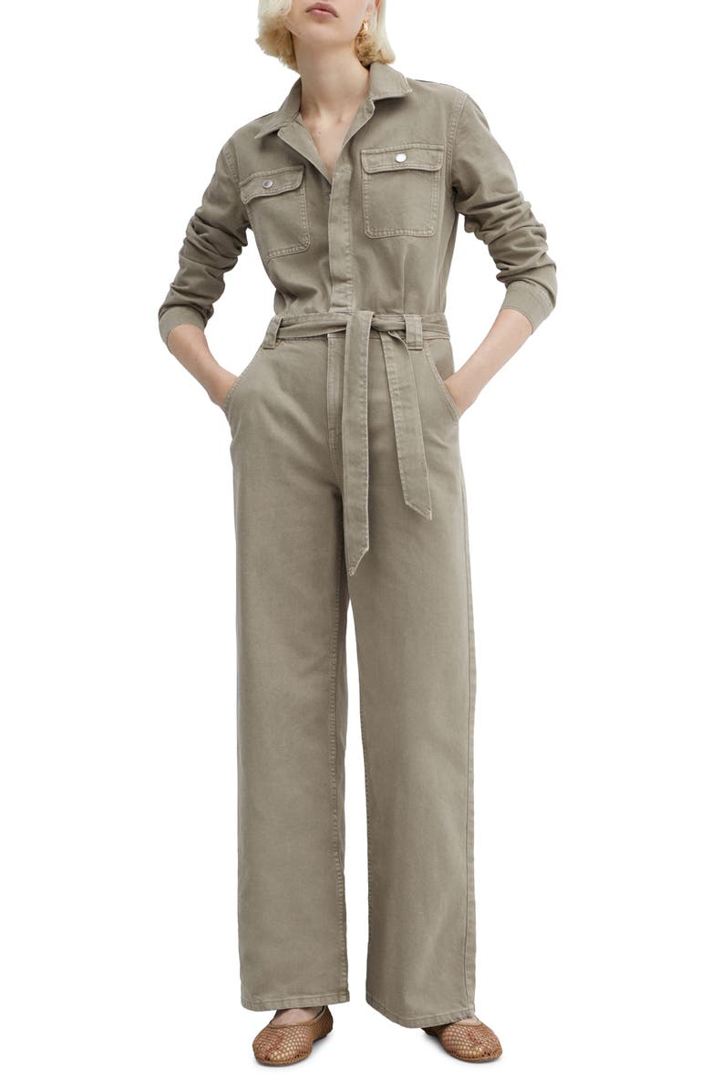 MANGO Belted Long Sleeve Denim Jumpsuit, Main, color, 