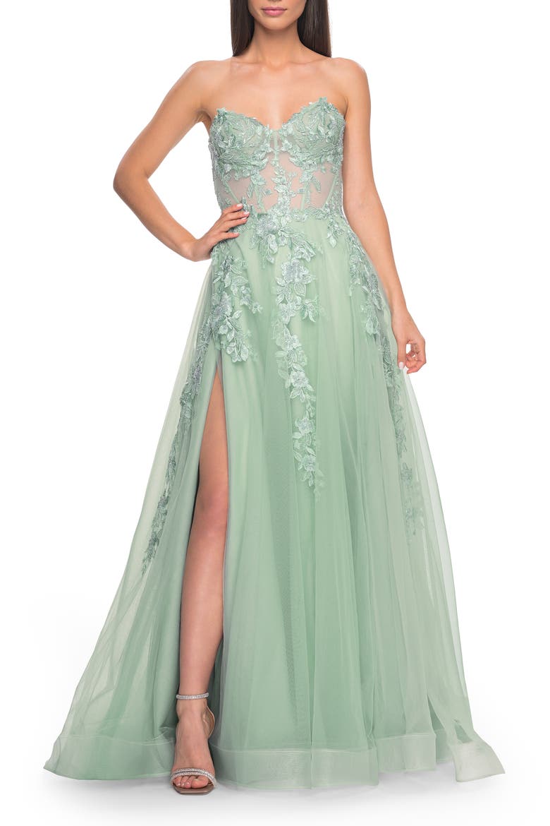 Sweetheart Strapless Gown with Beautiful Lace Applique, Main, color, Sage