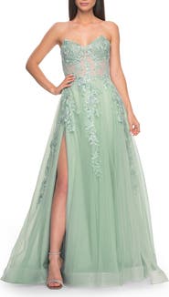 La Femme Sweetheart Strapless Gown with Beautiful Lace Applique