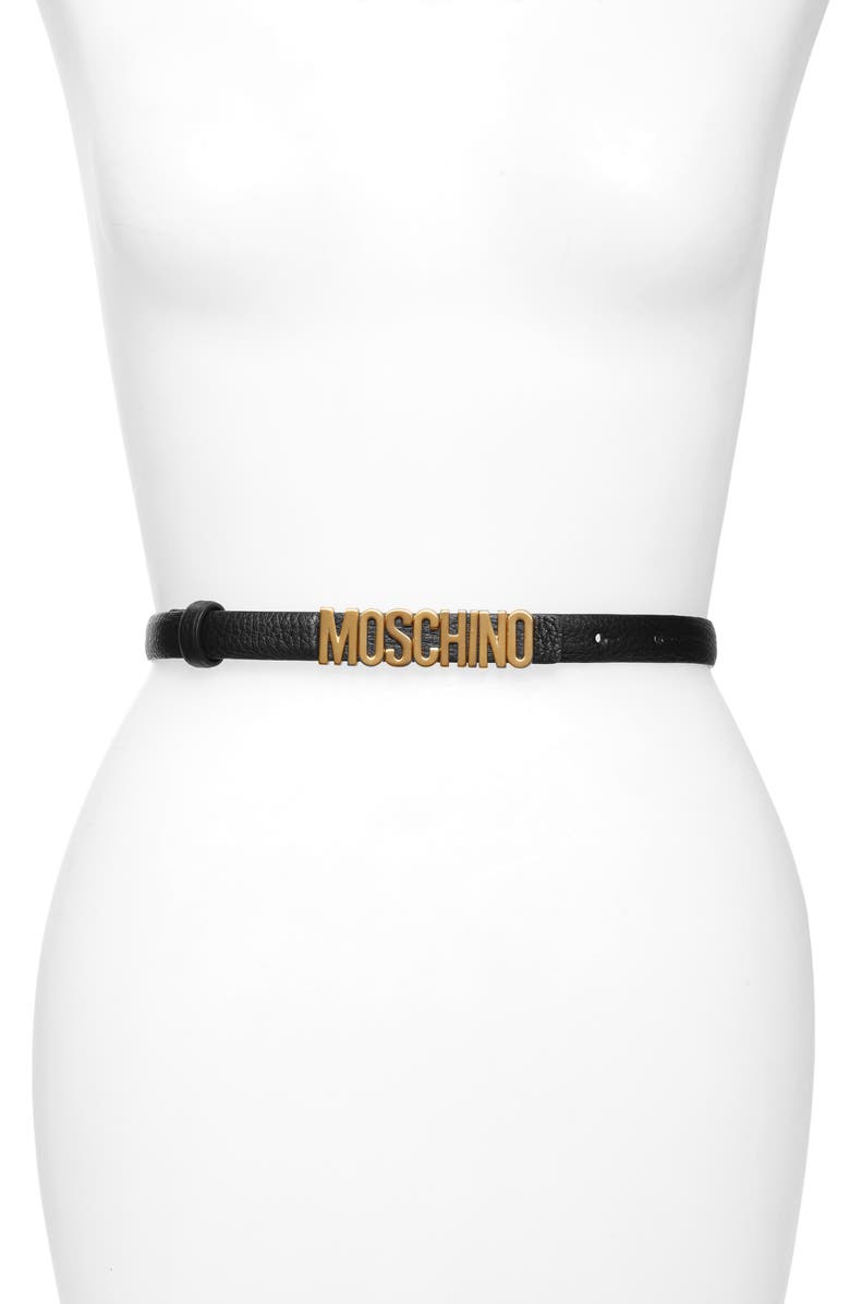 Moschino Logo Plate Skinny Leather Belt, Main, color, 