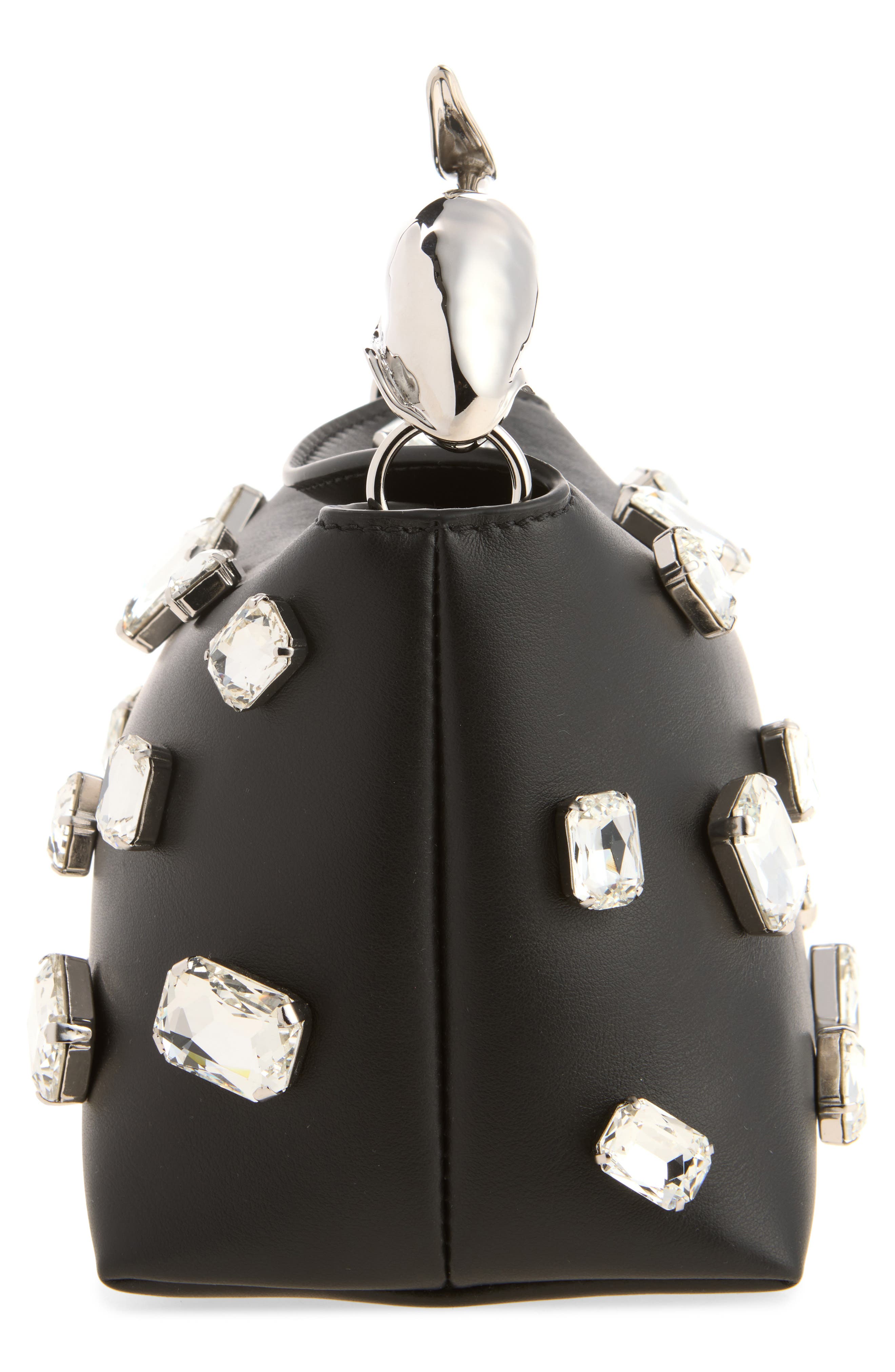 Mini Bloom Crystal Embellished Leather Handbag, Alternate, color, BLACK