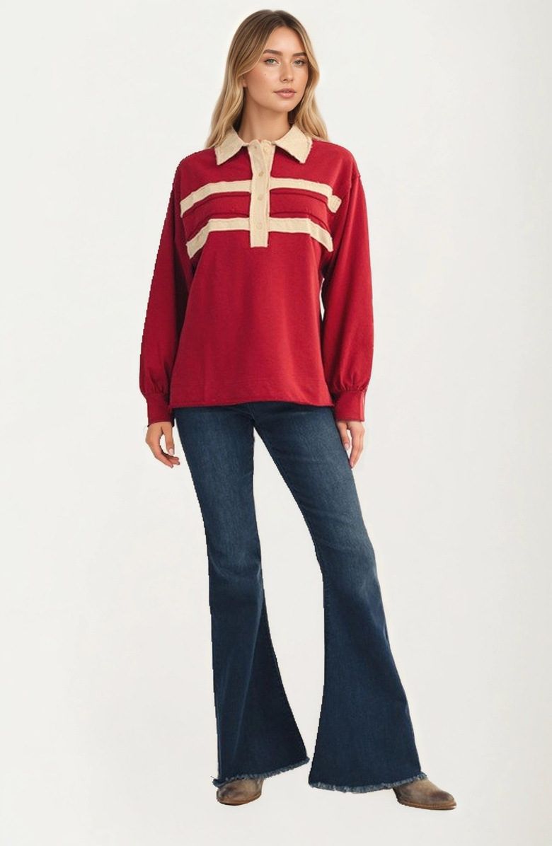 Knit and Lounge Contrast Trim Collared Pullover Top, Alternate, color, Red / Beige