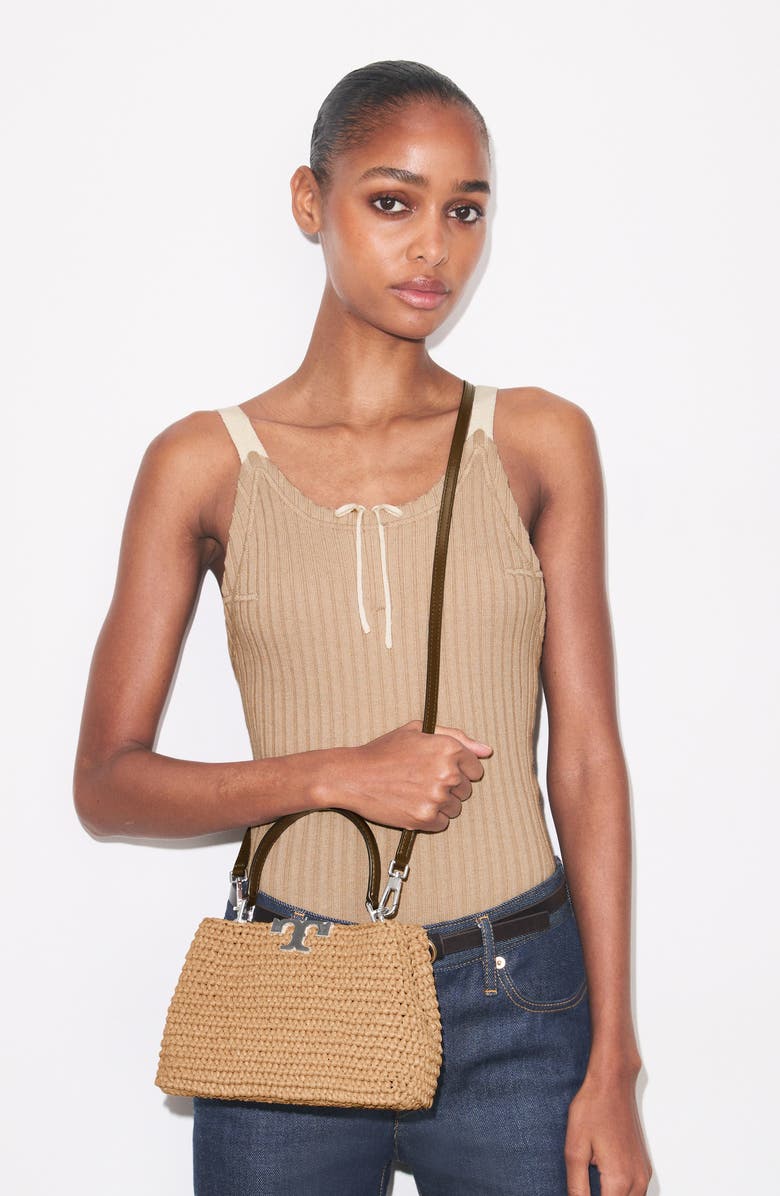 Tory Burch Mini Eleanor Raffia Satchel, Alternate, color, Honeycomb