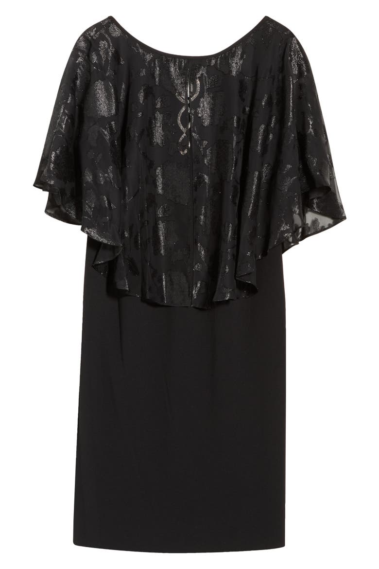 Metallic Burnout Jacquard Cape Cocktail Dress, Alternate, color, BLACK