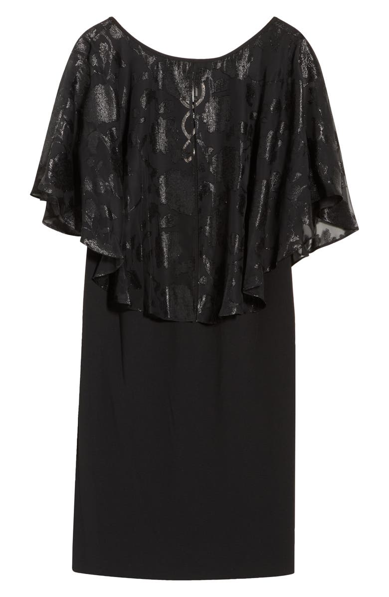 Connected Apparel Metallic Burnout Jacquard Cape Cocktail Dress, Main, color, Black