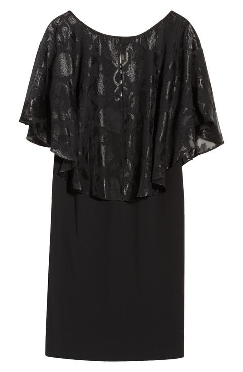 Metallic Burnout Jacquard Cape Cocktail Dress (Plus)