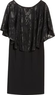 Connected Apparel Metallic Burnout Jacquard Cape Cocktail Dress