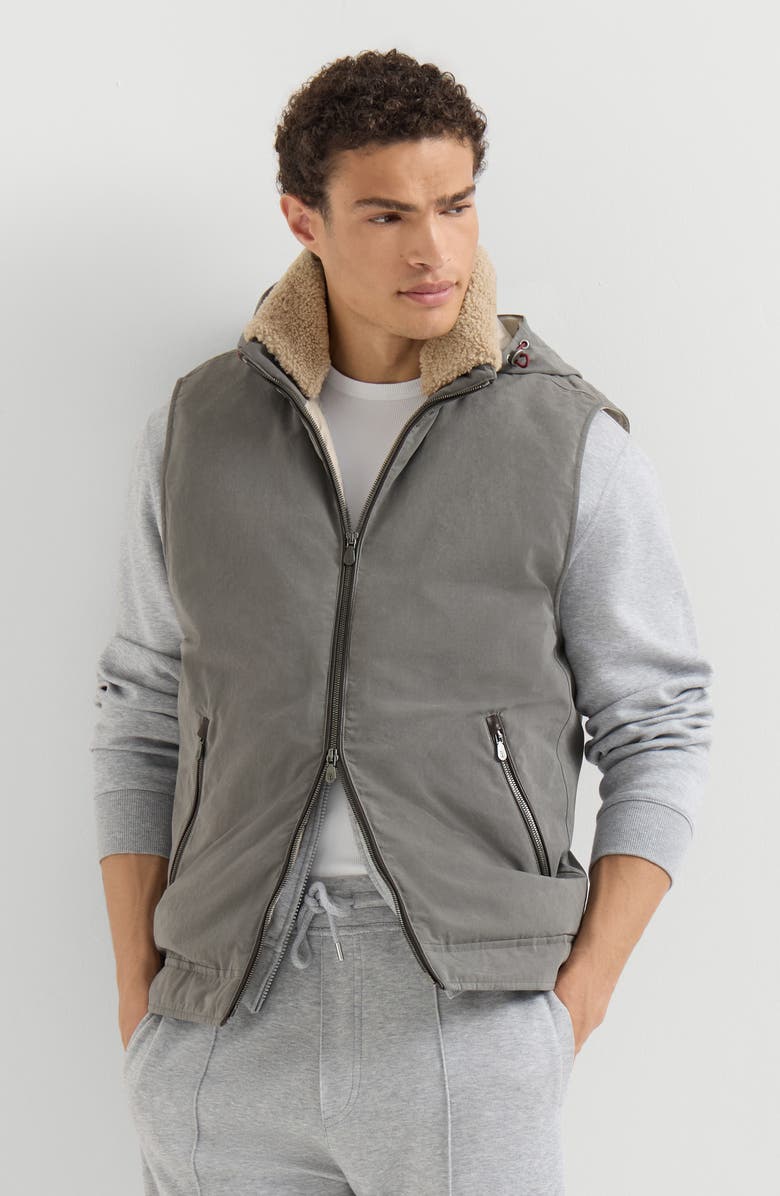 Brunello Cucinelli Waxed techno cotton down vest with detachable hood, Main, color, Grey