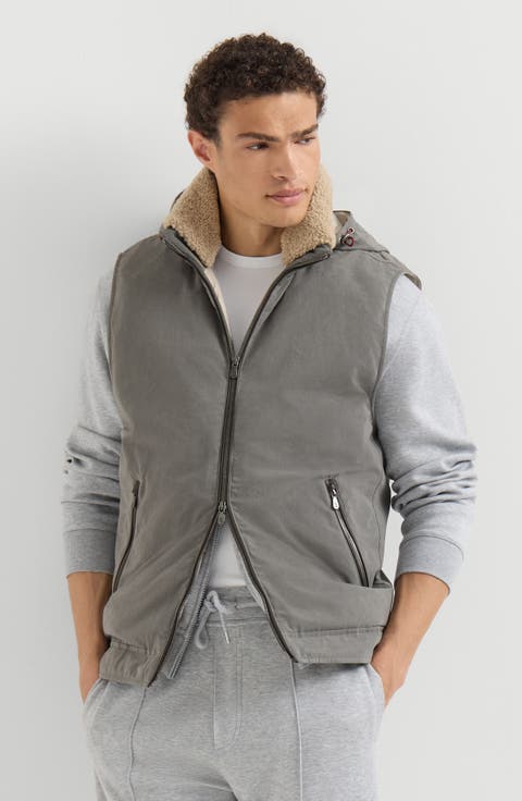 Waxed techno cotton down vest with detachable hood