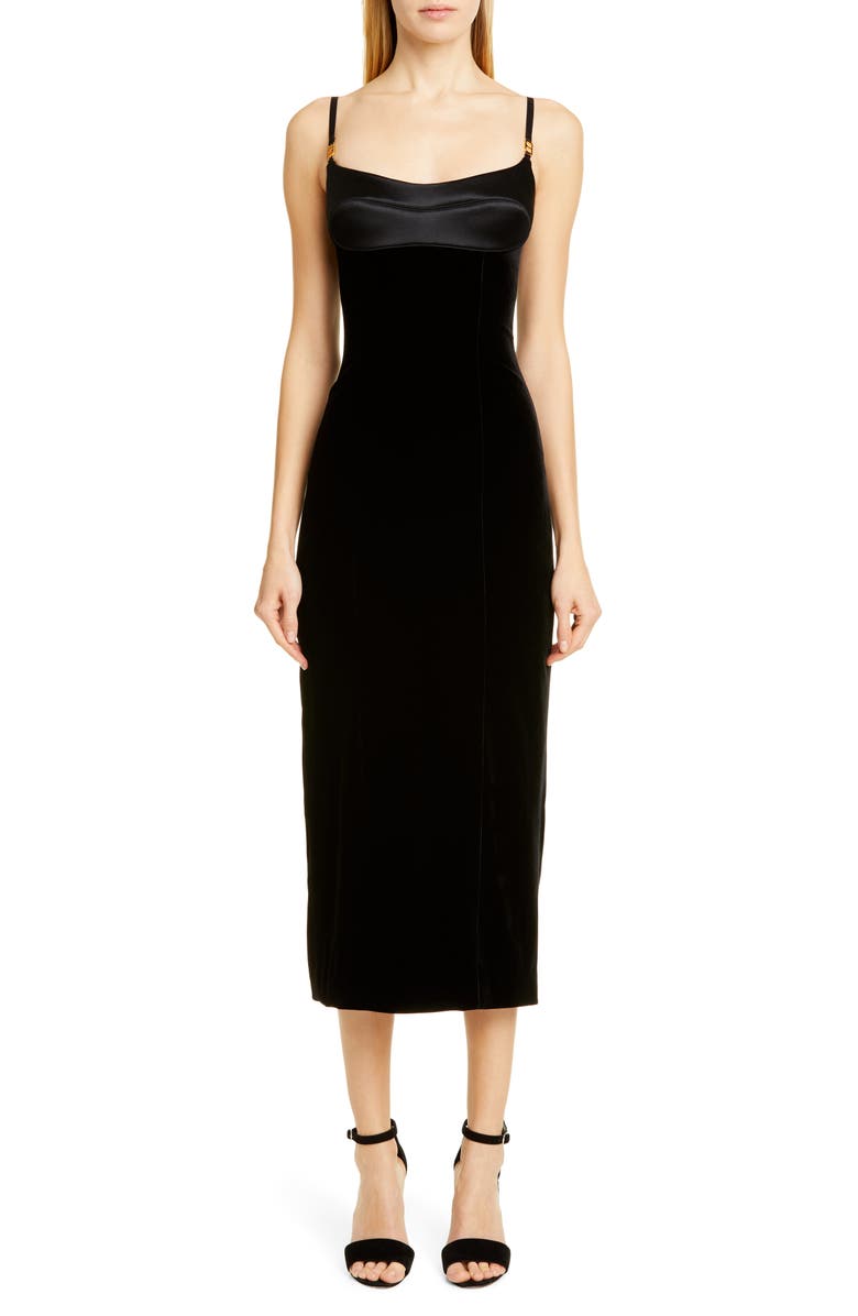 Brandon Maxwell Satin & Velvet Bustier Midi Dress, Main, color,