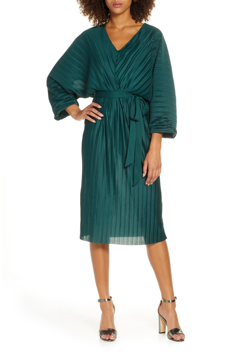 Regi Dolman Sleeve Plissé Dress, Main, color, DARK BAYOU GREEN