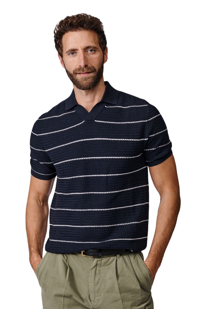Alford Textured Cotton Polo Shirt, Main, color, Navy/Ecru Stripe