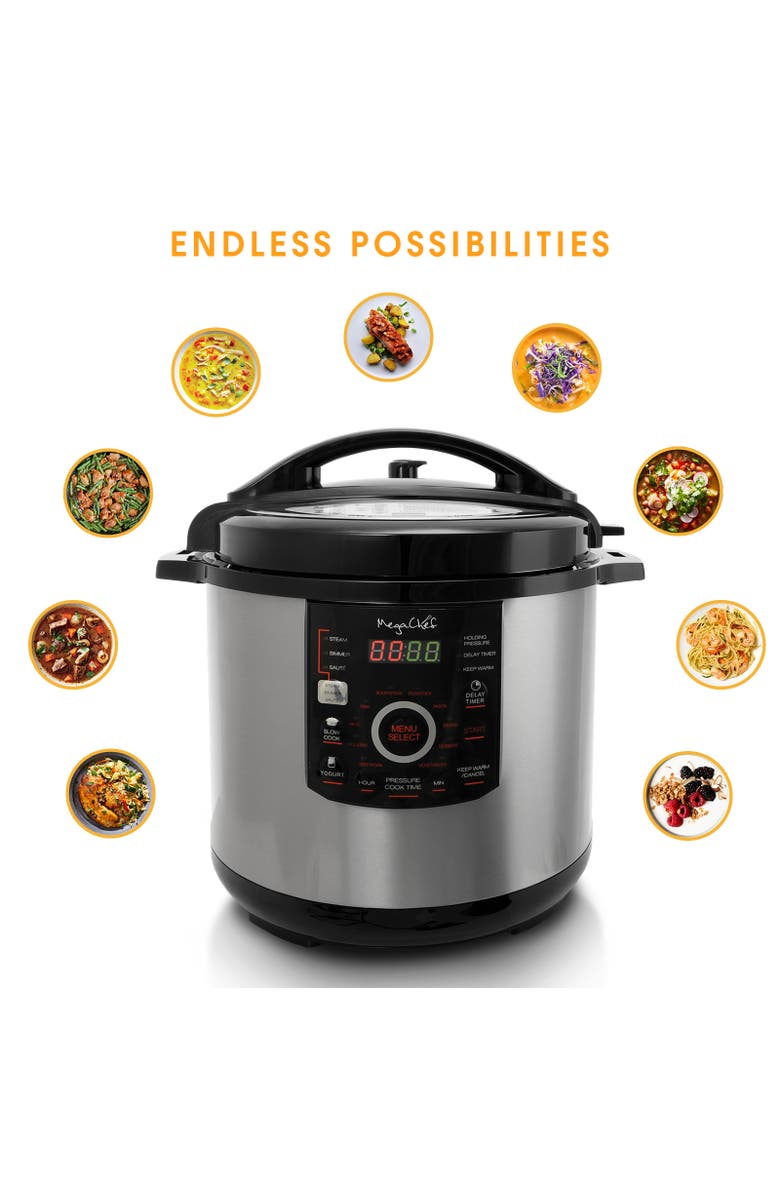 Megachef 12 Quart Steel Digital Pressure Cooker with 15 Presets and Glass Lid, Alternate, color, Grey