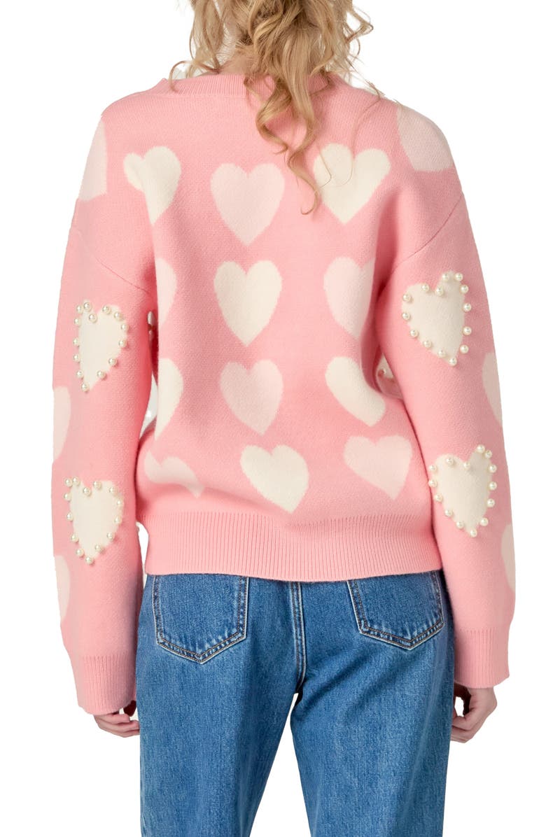 English Factory Heart Faux Pearl Embellished Crewneck Sweater, Alternate, color, Light Pink