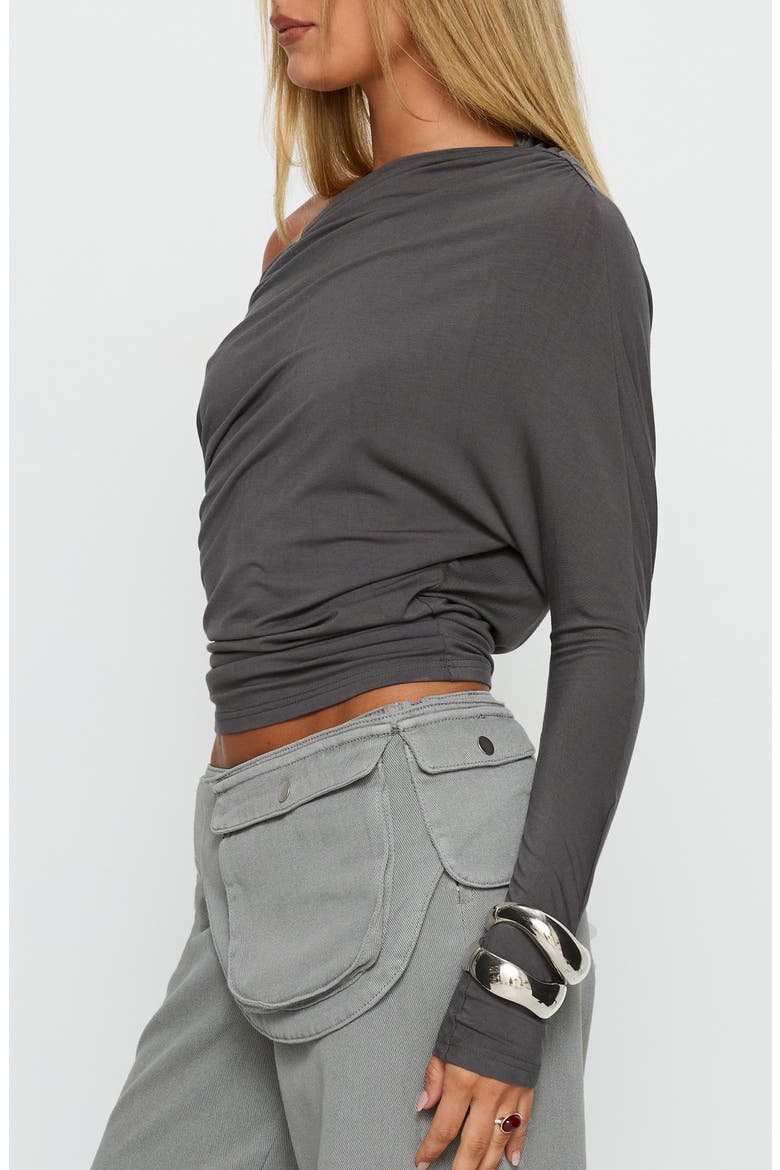 Party Hour Ruched One-Shoulder Long Sleeve Top, Alternate, color, CHARCOAL