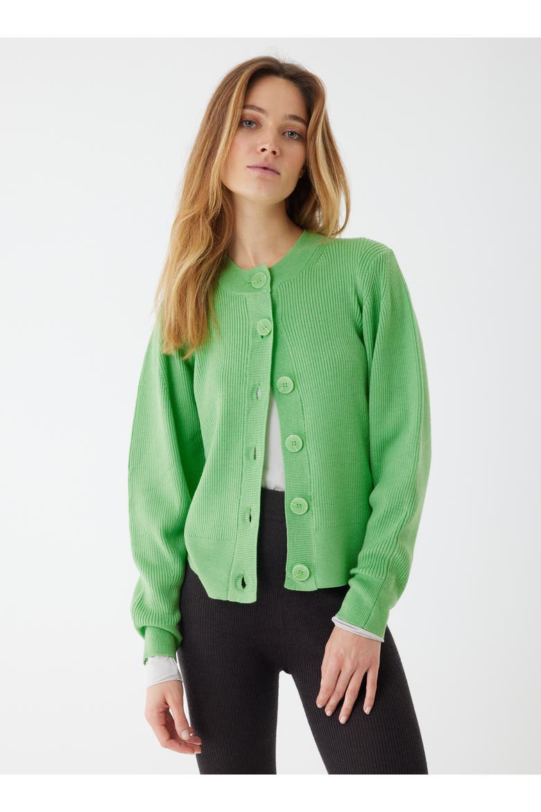 Compact Merino Mini Rib Long Sleeve Crewneck Cardigan, Main, color, AVOCADO