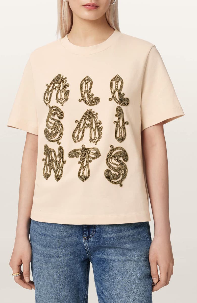 AllSaints Ella Lisa Beaded Cotton T-Shirt, Main, color, Dove White
