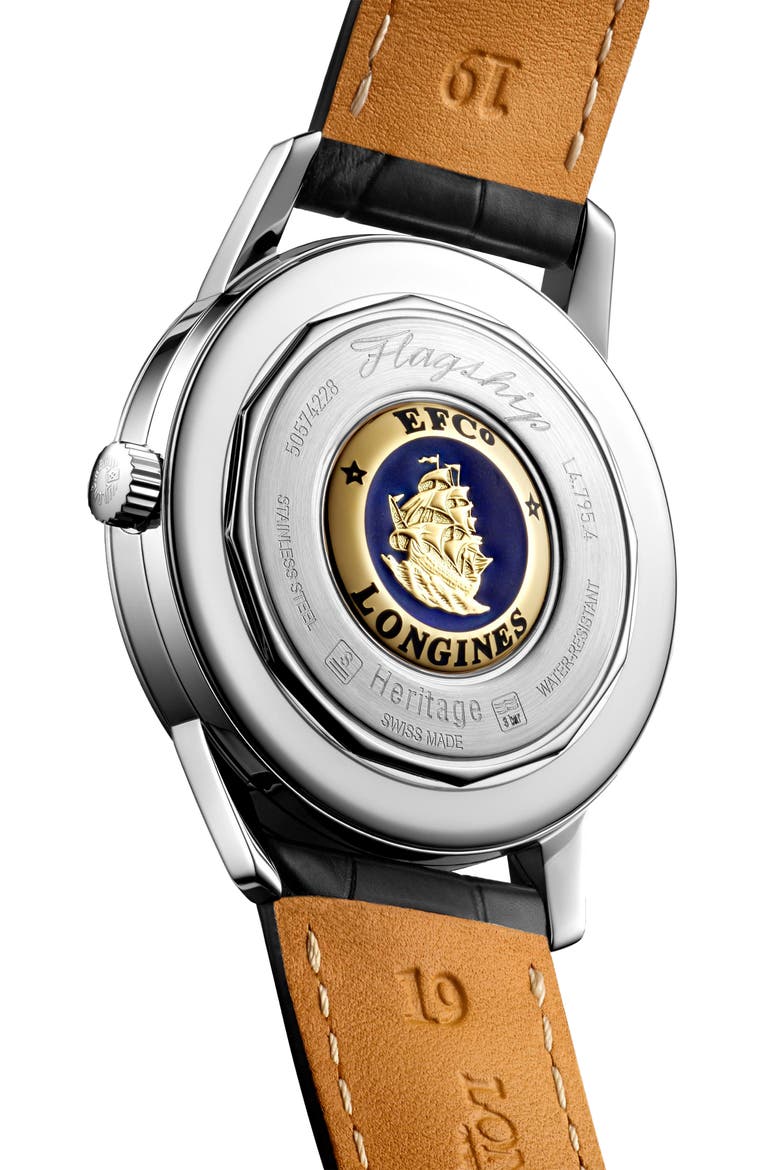 Flagship Heritage Automatic Leather Strap Watch, 38.5mm, Alternate, color, BLACK/ SILVER