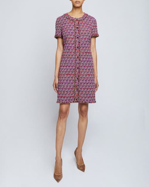 Santorelli Fringe Trim Tweed Shift Dress In Magenta Multi