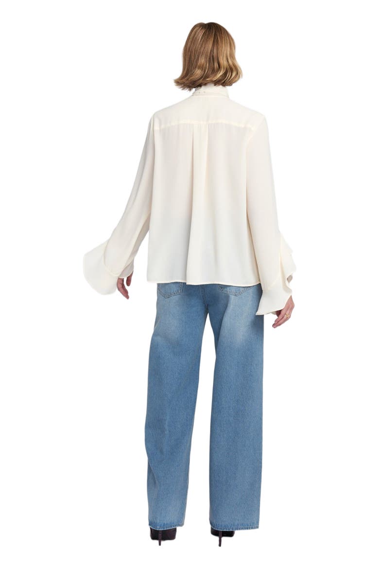 Flounce-Trimmed Tie-Neck Blouse Top, Alternate, color, Cream