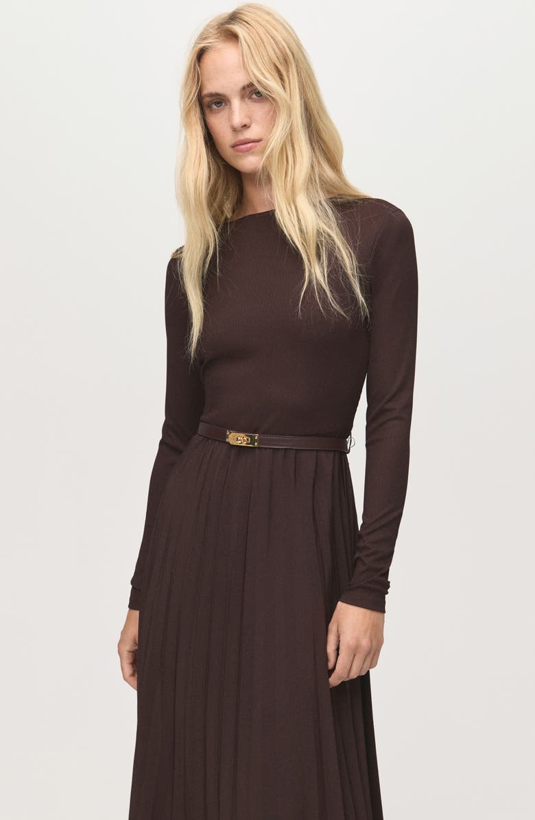 MANGO Pleated Belted Maxi Dress, Alternate, color, Chocolate