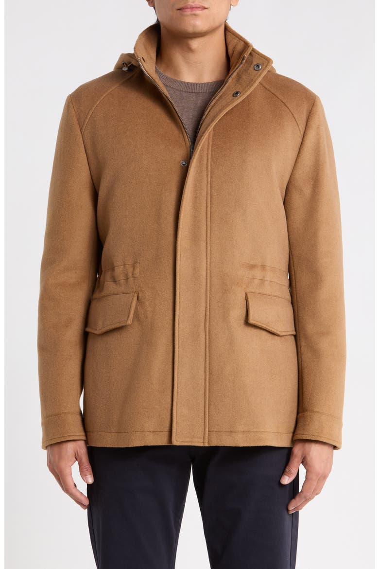 Hooded Wool Blend Stadium Coat, Main, color, CAMEL