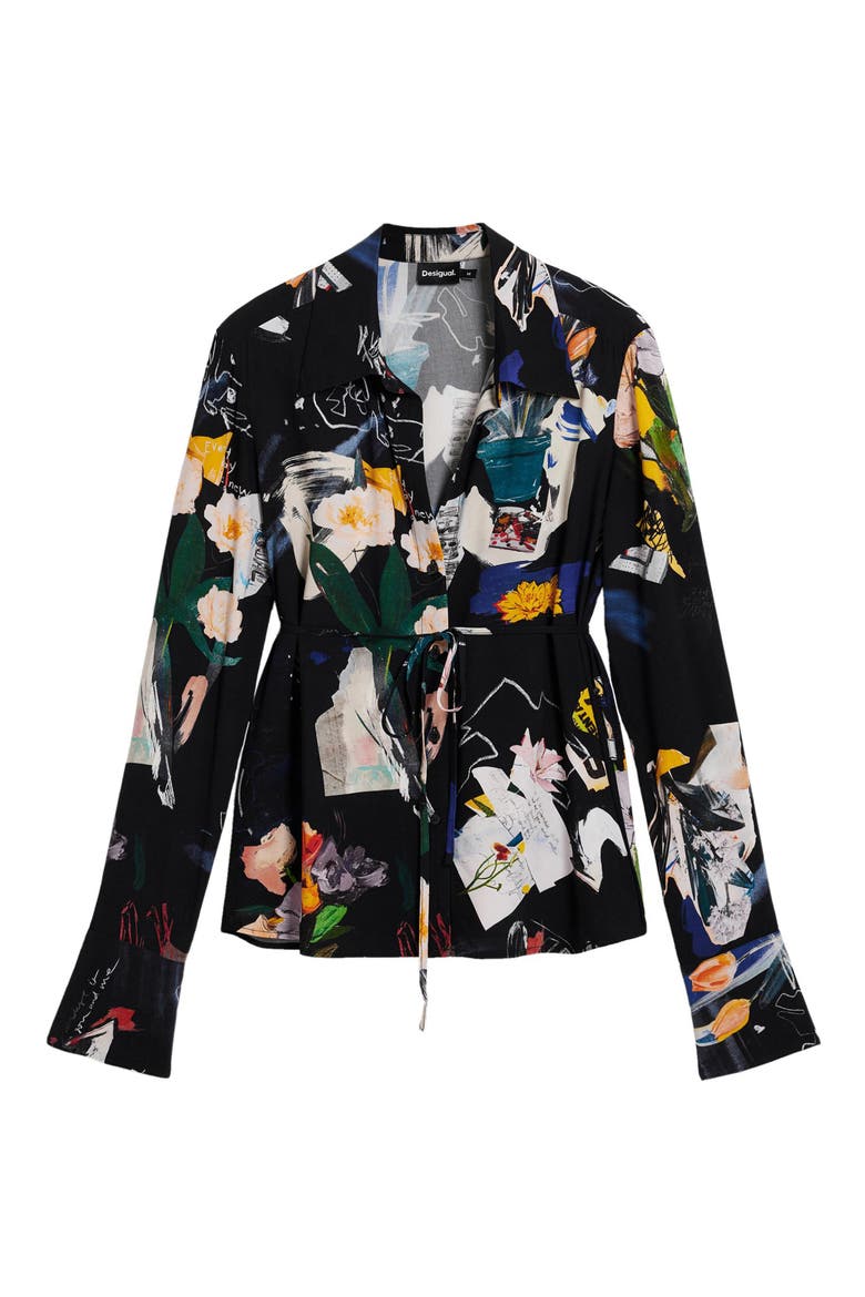 Printed Tie Back Button-Up Shirt, Alternate, color, BLACK
