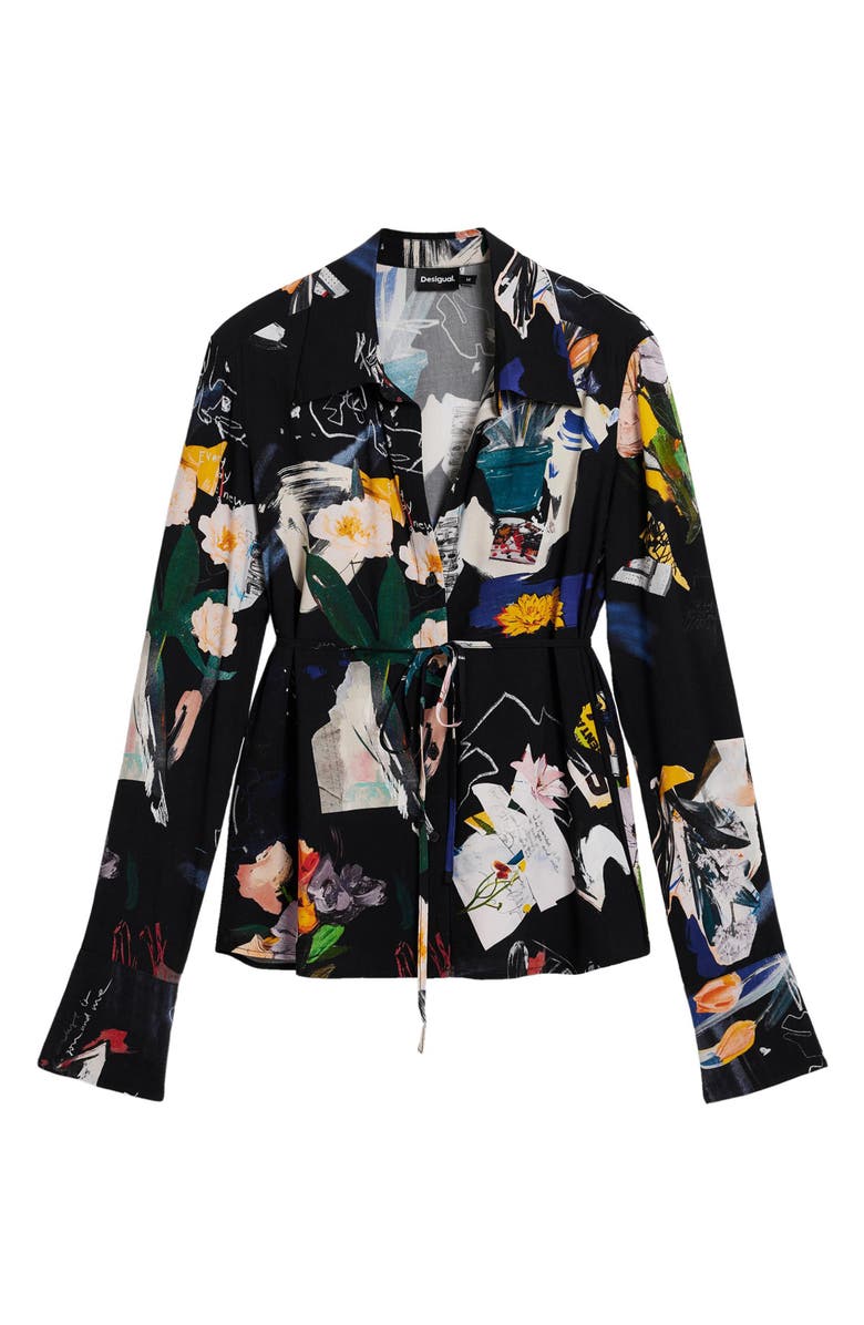 Desigual Printed Tie Back Button-Up Shirt, Alternate, color, Black