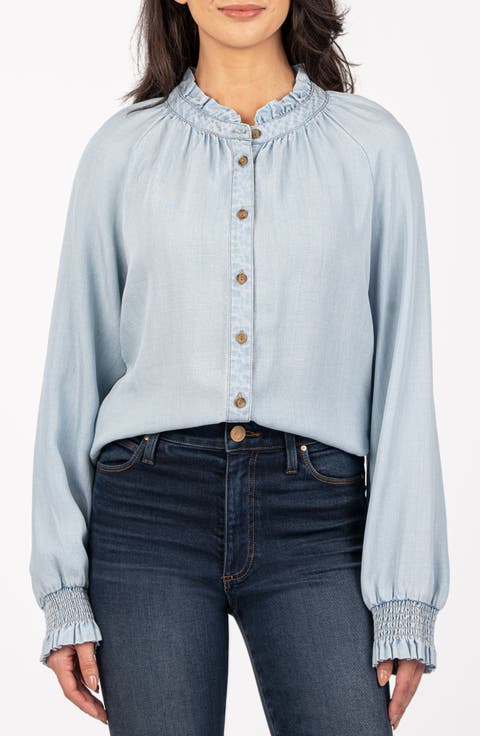 Novah Ruffle Chambray Button-Up Top
