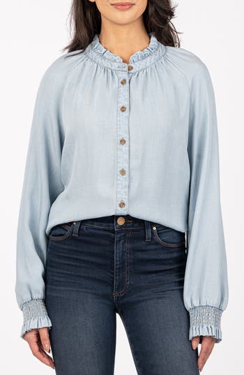 Kut From The Kloth Novah Ruffle Chambray Button-up Top In Light Wash