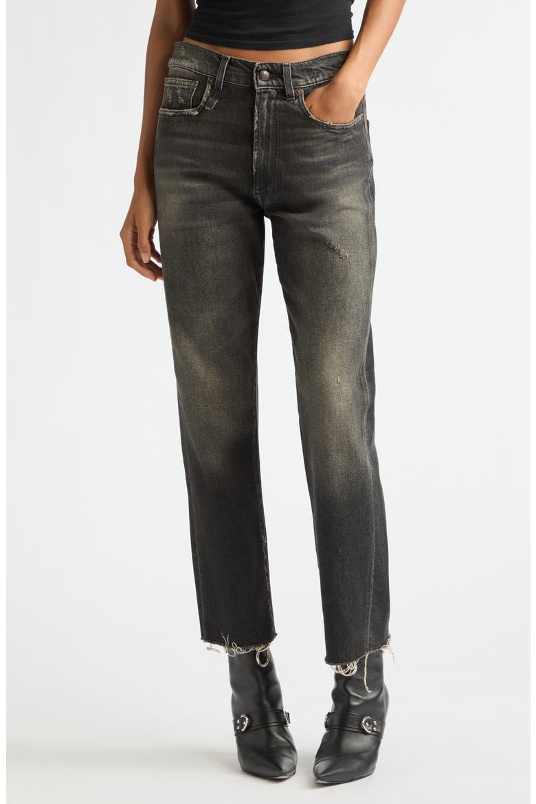 Distressed Fray Hem Stretch Boyfriend Jeans, Main, color, ABBEY BLACK