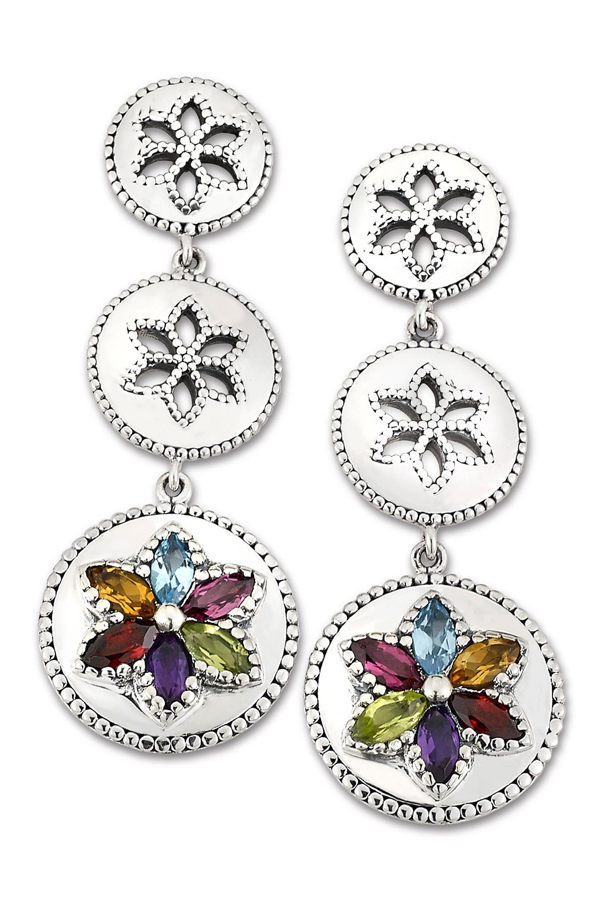 SAMUEL B. Sterling Silver Multi Gemstone Triple Circle Flower Earrings