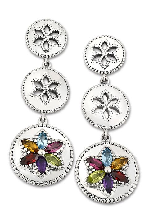 Sterling Silver Multi Gemstone Triple Circle Flower Earrings