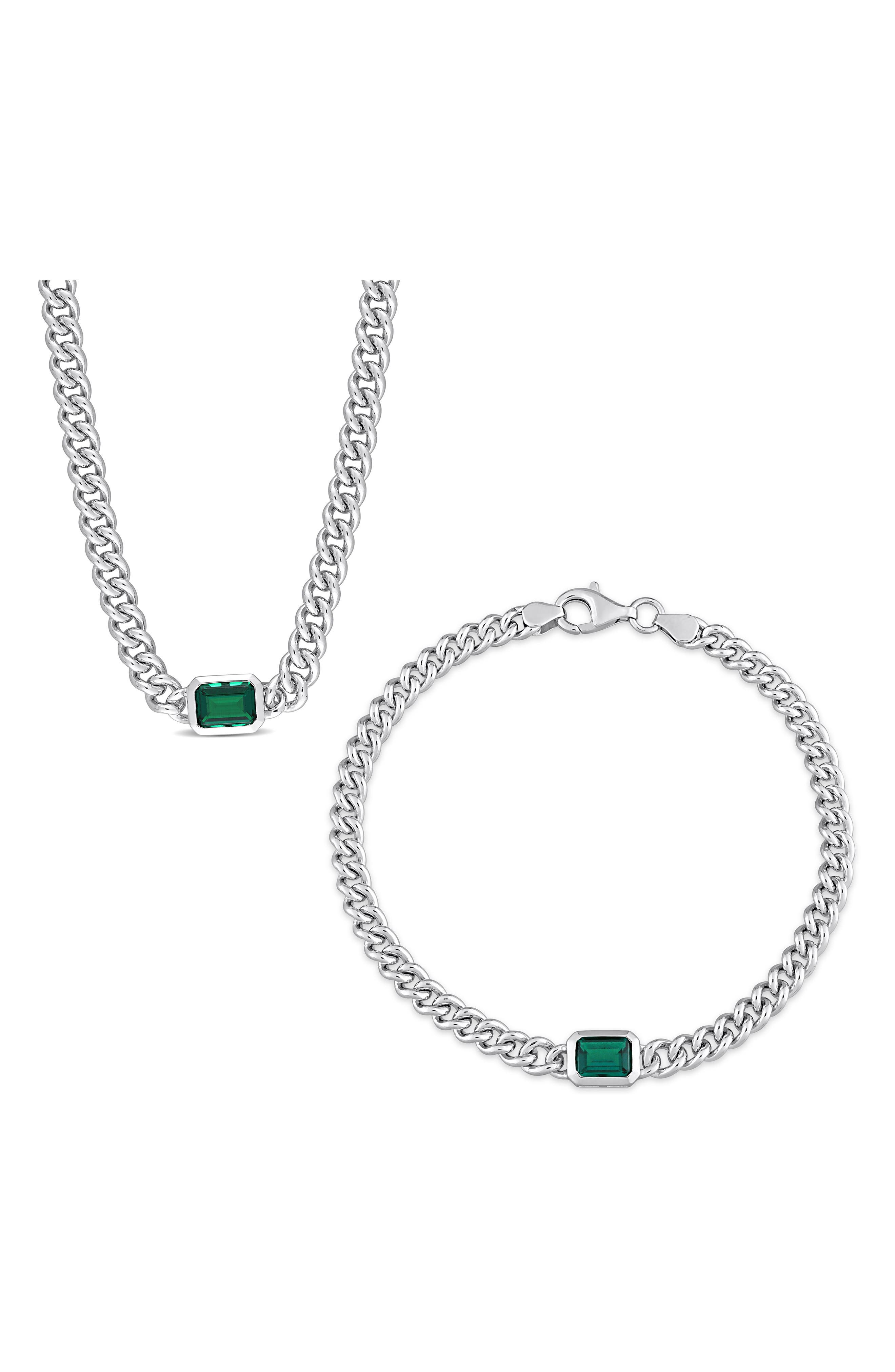 DELMAR Sterling Silver Lab Grown Emerald Necklace & Bracelet Set
