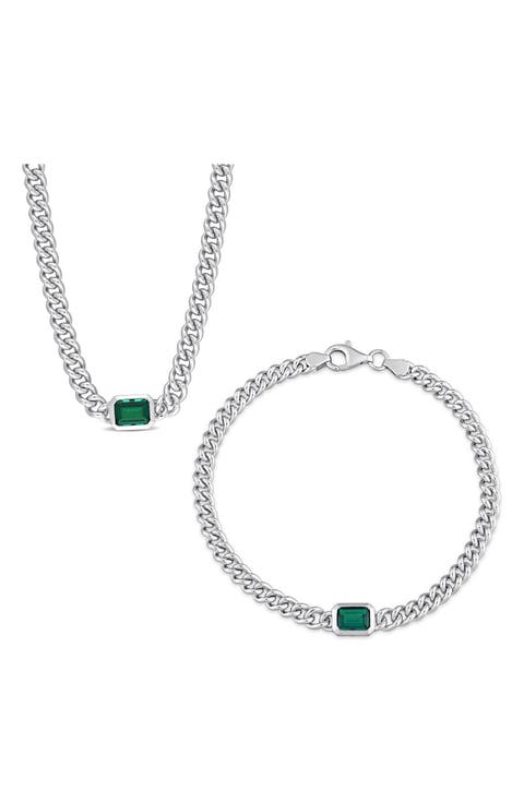Sterling Silver Lab Grown Emerald Necklace & Bracelet Set