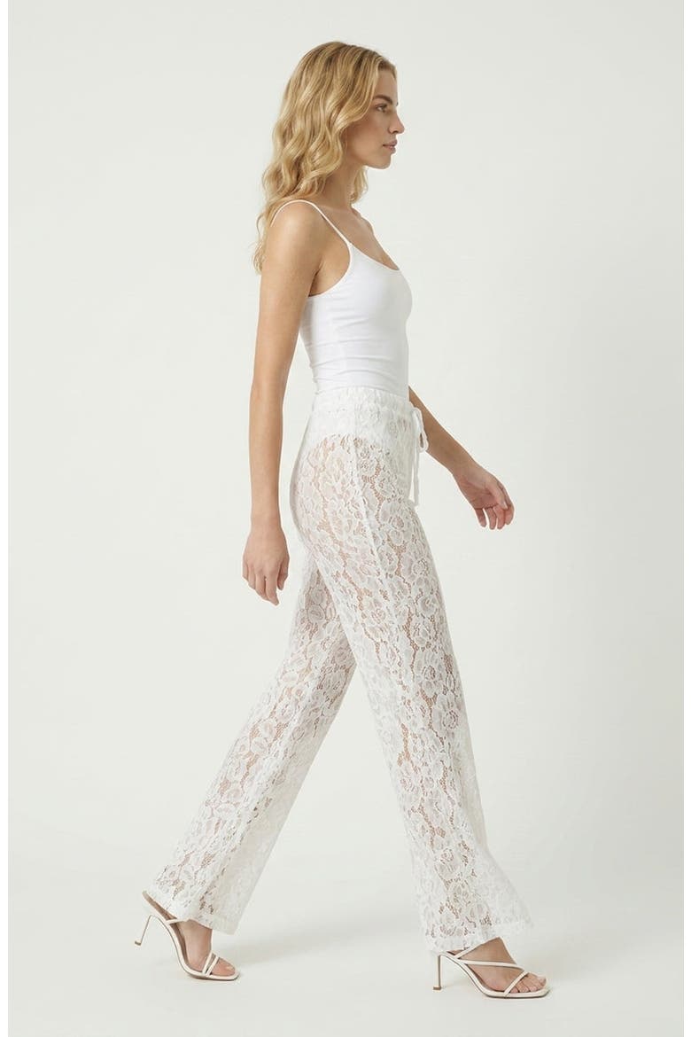 High Waist Lace Pants with Sheer Floral Overlay and Drawstring Waist, Alternate, color, White
