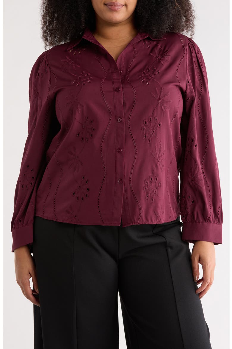 Eyelet Button-Up Shirt, Main, color, BURGUNDY