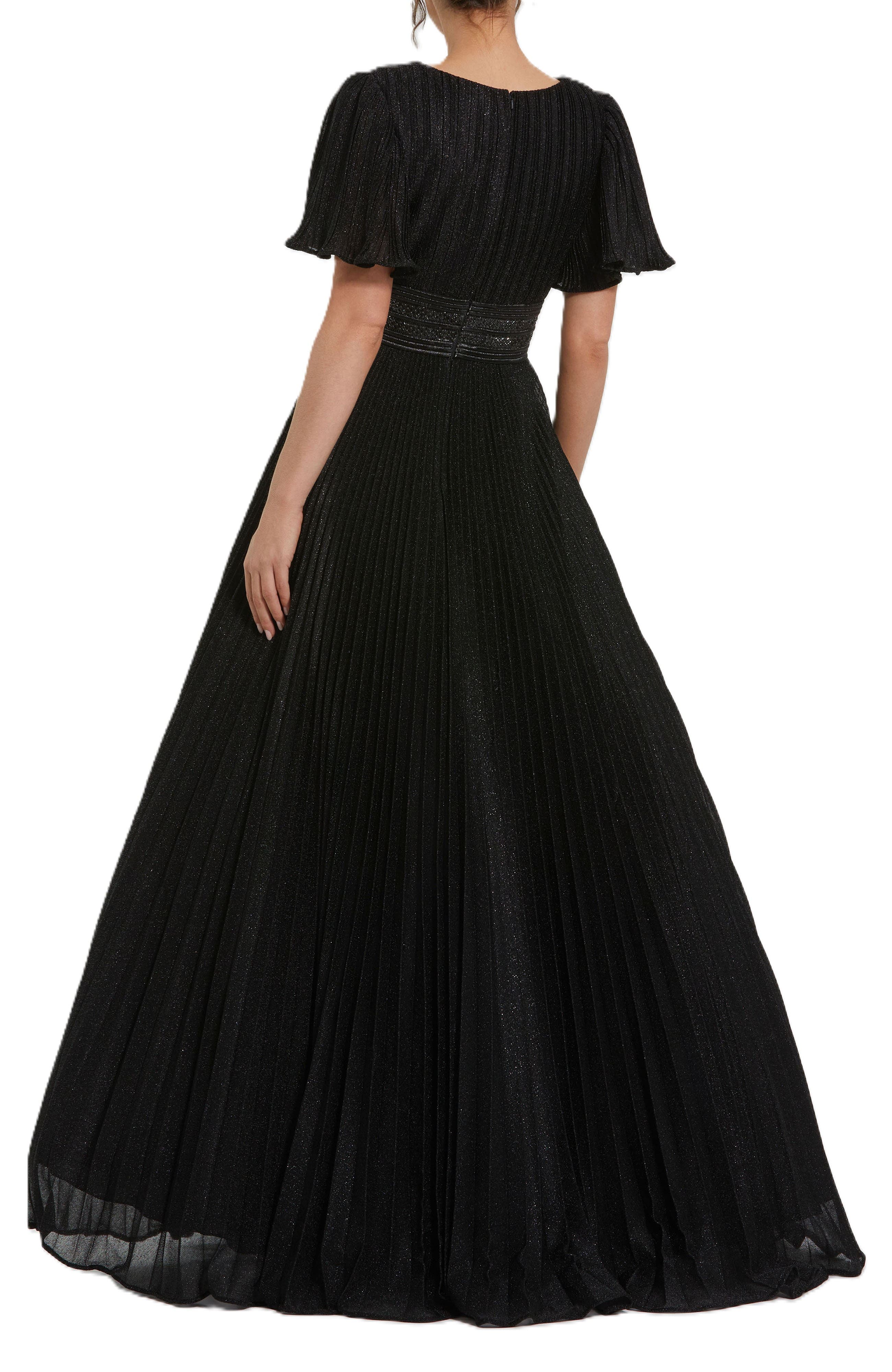 Pleated Shimmering Georgette Flutter Sleeve Gown - image 2
