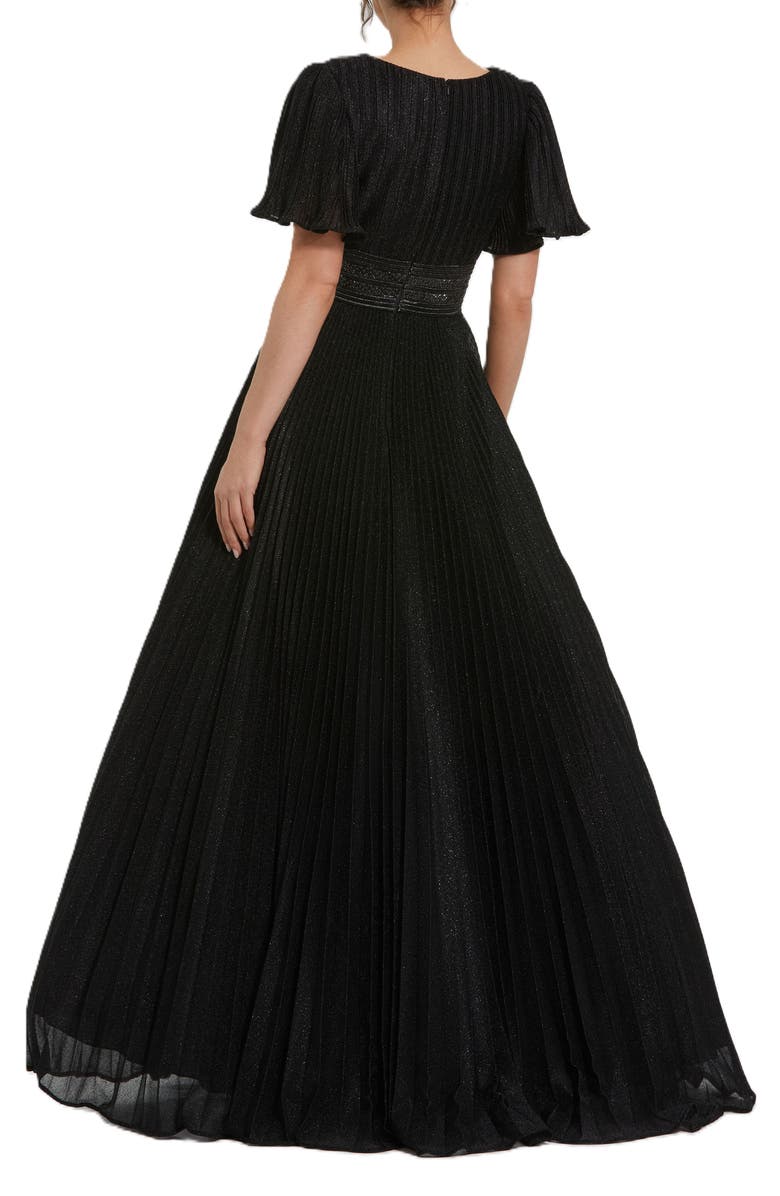 Mac Duggal Pleated Shimmering Georgette Flutter Sleeve Gown, Alternate, color, Black