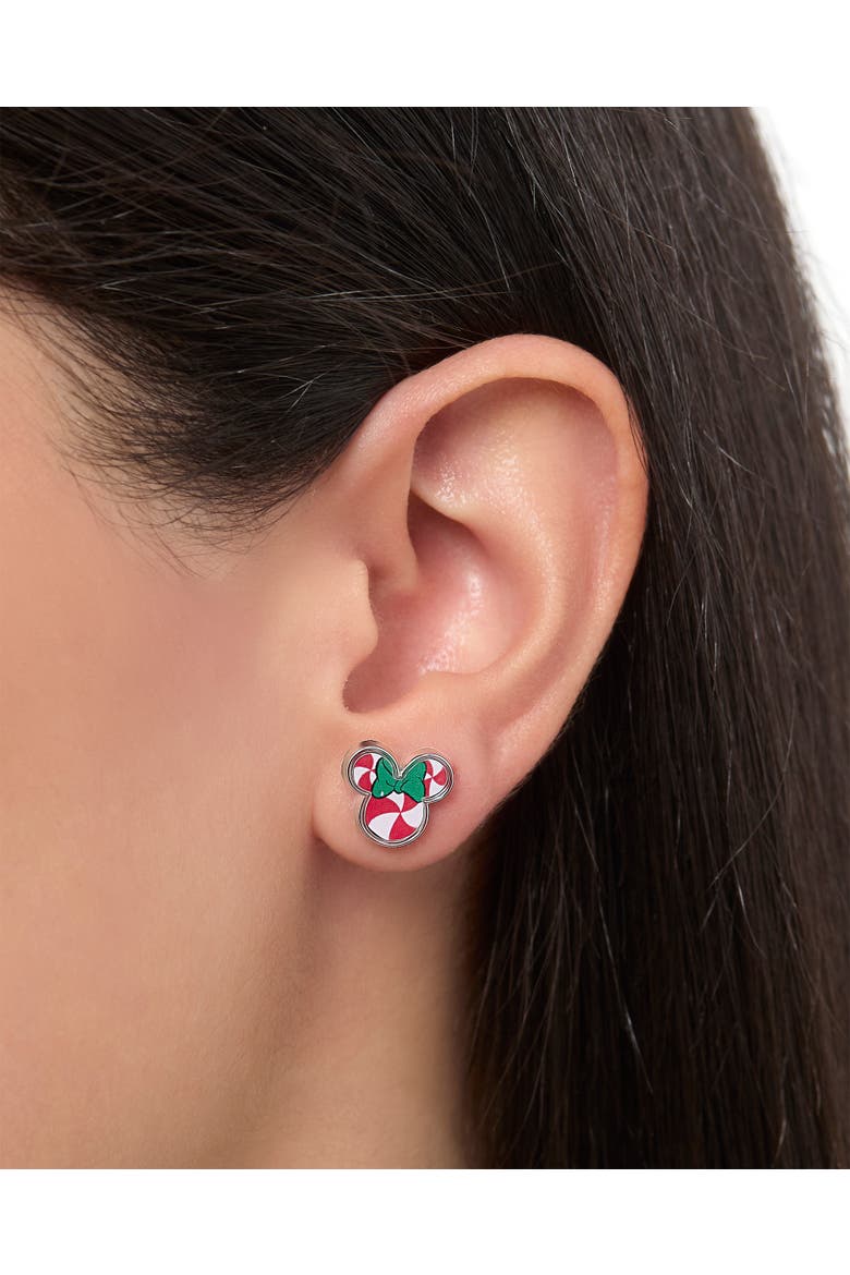 Mickey and Minnie Mouse Holiday Stud Earring Set, Mickey Santa, Peppermint Minnie and Gift Box, Alternate, color, Red, green