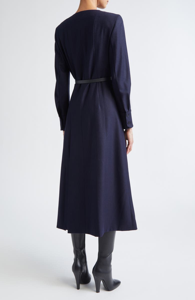 Akris Belted Long Sleeve Wool Flannel Dress, Alternate, color, Navy
