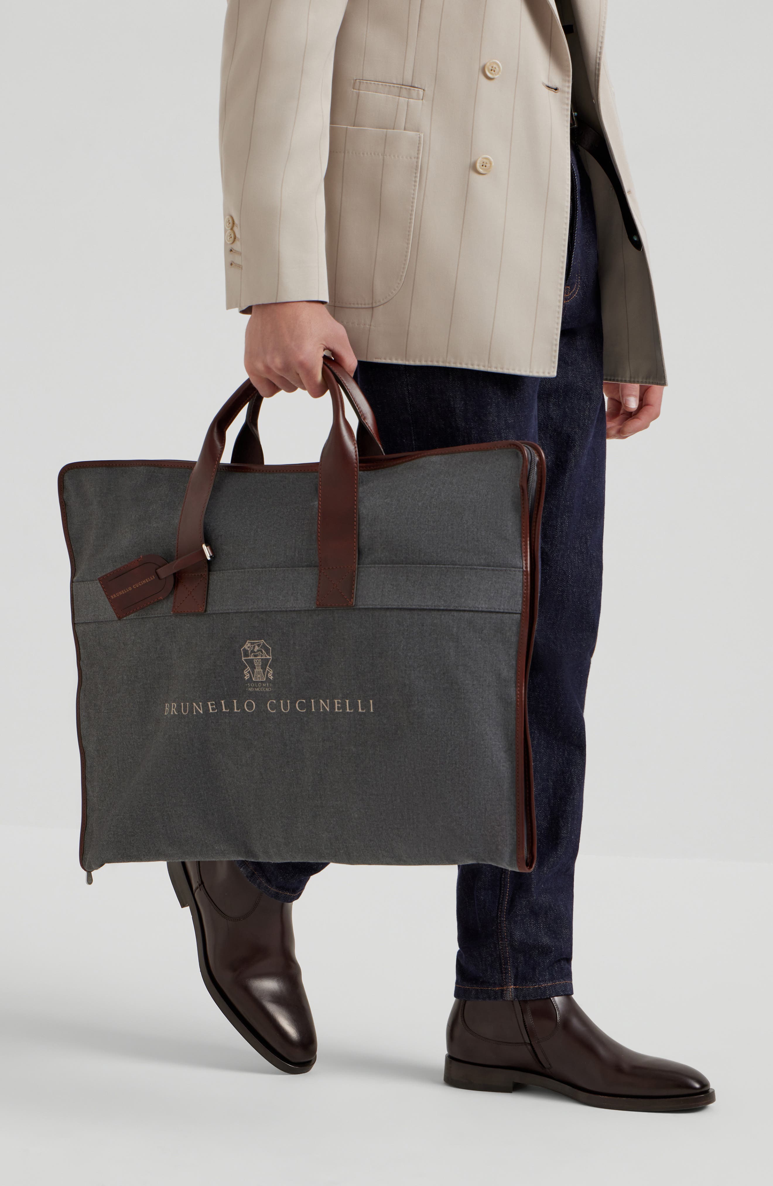 Brunello Cucinelli Calfskin suit carrier, Alternate, color, Dark Grey