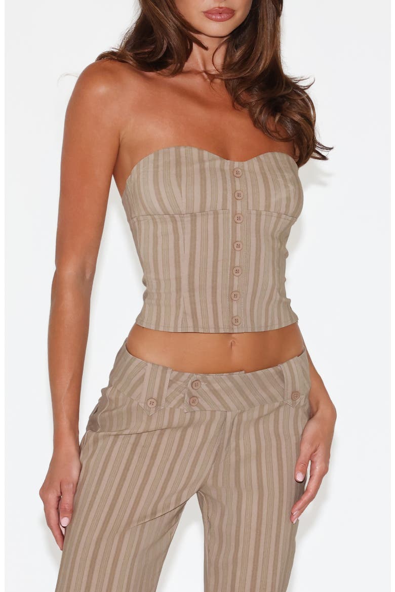 Kittie Ruffle Strapless Crop Top, Main, color, TAUPE STRIPE