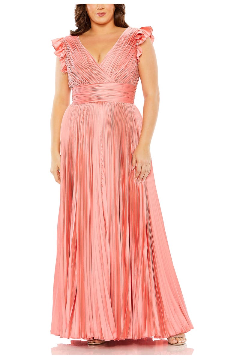 Mac Duggal Flutter Sleeve Pleated V-Neck Gown, Main, color, Coral
