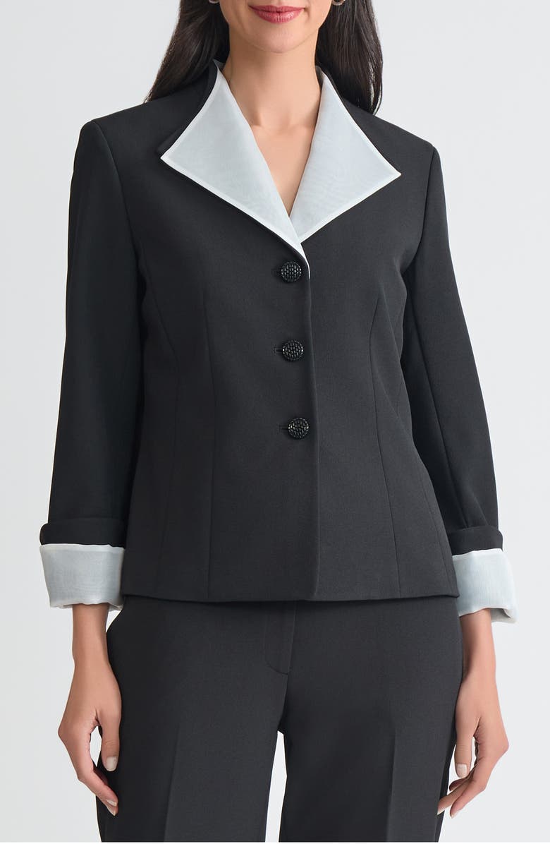 KASPER Winged Lapel Three-Button Blazer, Main, color, Black/ Vanilla Ice