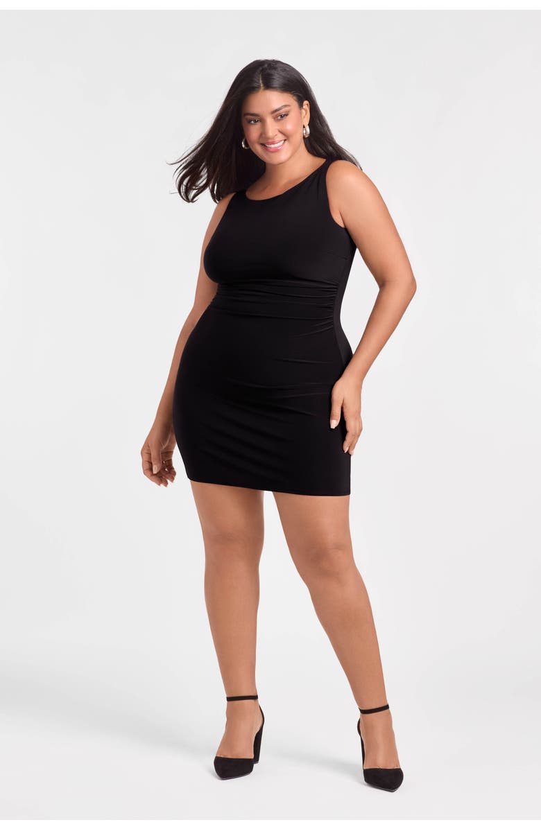 S3 Apparel Sculpting Shapewear Shirred Boat Neck Solid Mini Dress, Main, color, Onyx Black