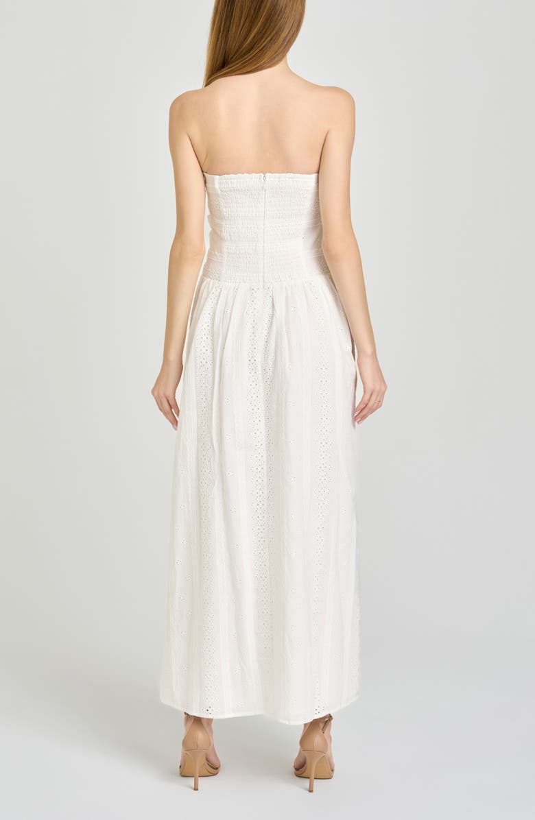 WAYF Pippa Gathered Eyelet Strapless Cotton Midi Dress, Alternate, color, 